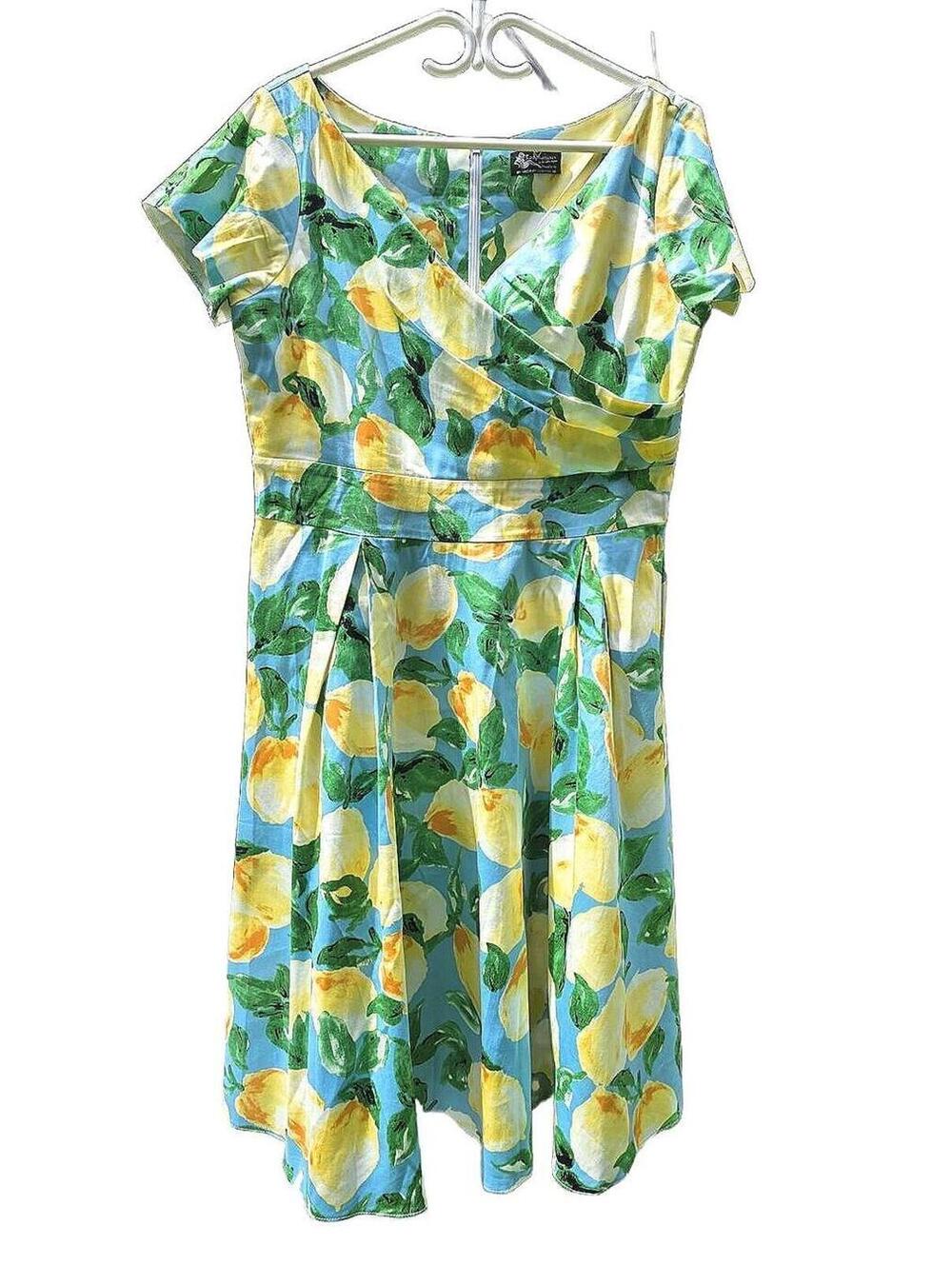 Lady Voluptuous Lyra Dress-Retro Lemon & Teal Mediterranean Print - Plus Size